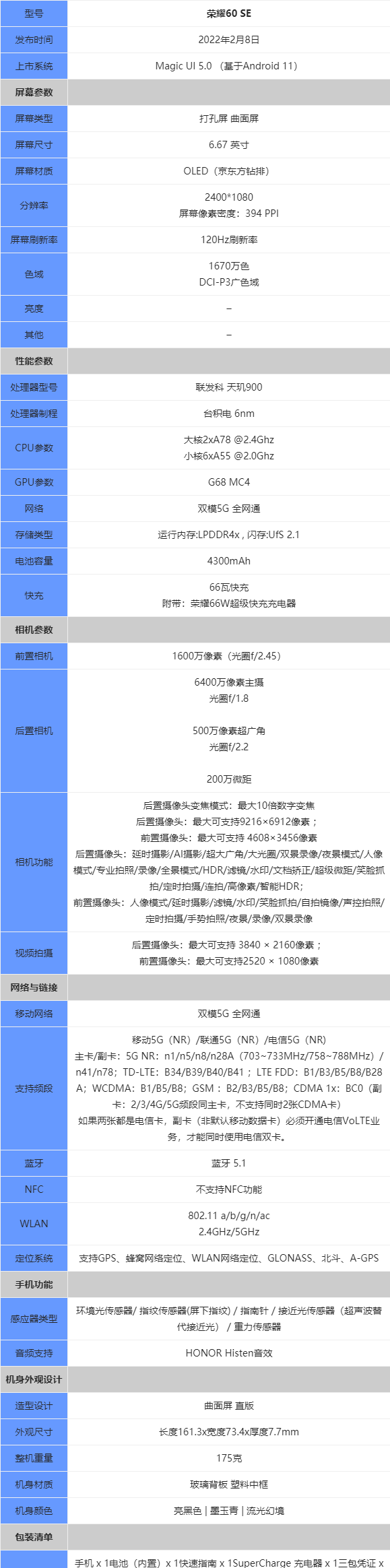 荣耀60参数详细参数(荣耀x60手机价格是多少)